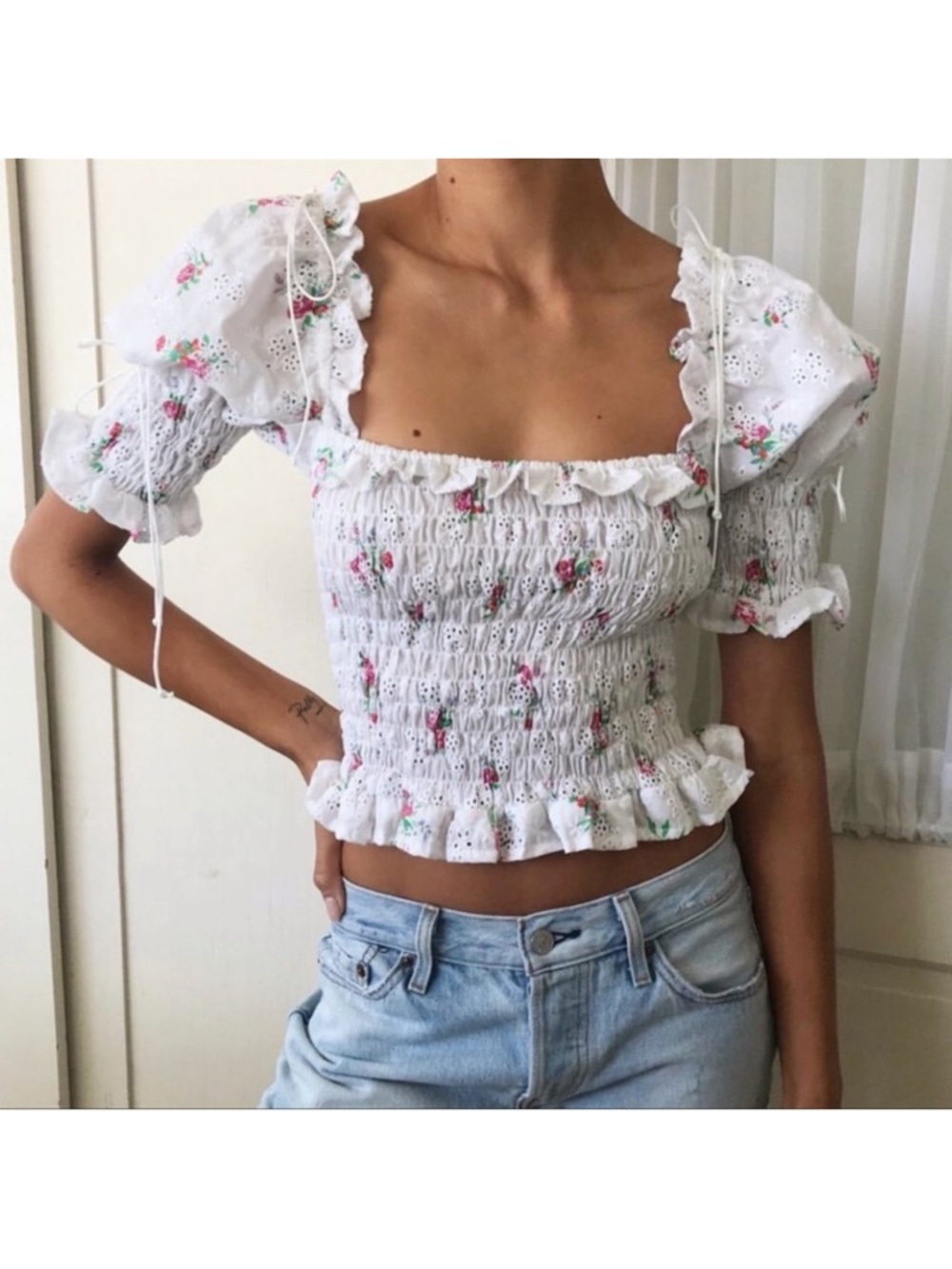 For Love & Lemons Tarte Eyelet Shirred Top